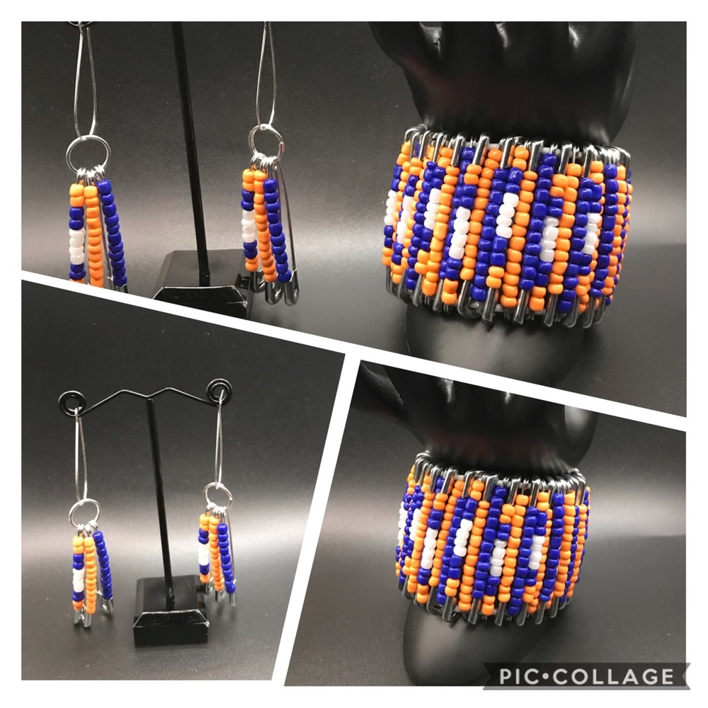 Safety Pin Jewelry Set in Orange Blue and White